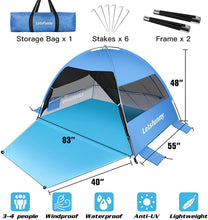 Load image into Gallery viewer, Large Easy Setup Beach Tent,Anti-UV Beach Shade Shelter Beach Canopy Tent Sun Shade with Extended Floor & 3 Mesh Roll Up Windows Fits 3-4 Person,Portable Shade Tent for Outdoor Camping Fishing