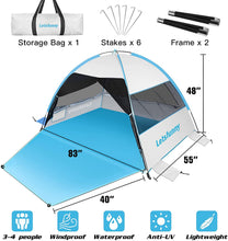 Load image into Gallery viewer, Large Easy Setup Beach Tent,Anti-UV Beach Shade Shelter Beach Canopy Tent Sun Shade with Extended Floor & 3 Mesh Roll Up Windows Fits 3-4 Person,Portable Shade Tent for Outdoor Camping Fishing