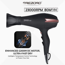 Load image into Gallery viewer, Professional Ionic Salon Hair Dryer, Powerful 2200 watt Ceramic Tourmaline Blow Dryer, Pro Ion quiet Hairdryer with 2 Concentrator Nozzle Attachments - Best Soft Touch Body/Black& Rose Gold