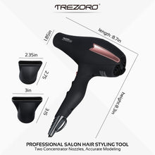 Load image into Gallery viewer, Professional Ionic Salon Hair Dryer, Powerful 2200 watt Ceramic Tourmaline Blow Dryer, Pro Ion quiet Hairdryer with 2 Concentrator Nozzle Attachments - Best Soft Touch Body/Black& Rose Gold