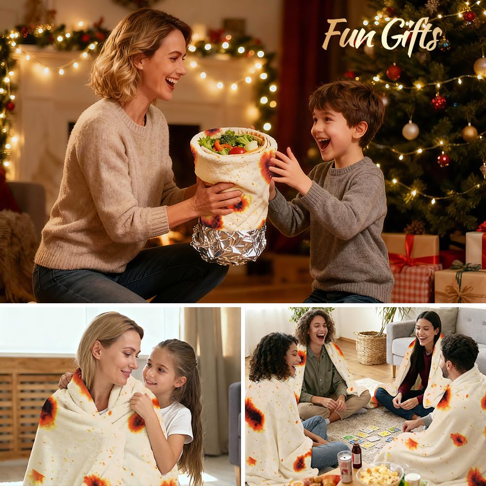 Burrito Tortilla Throw Blankets for Adults Teen Kids, Double Sided Tortilla Taco Wrap Blankets, Novelty Realistic Flannel Food Round Blankets, Unique Funny Gift for Girl Women