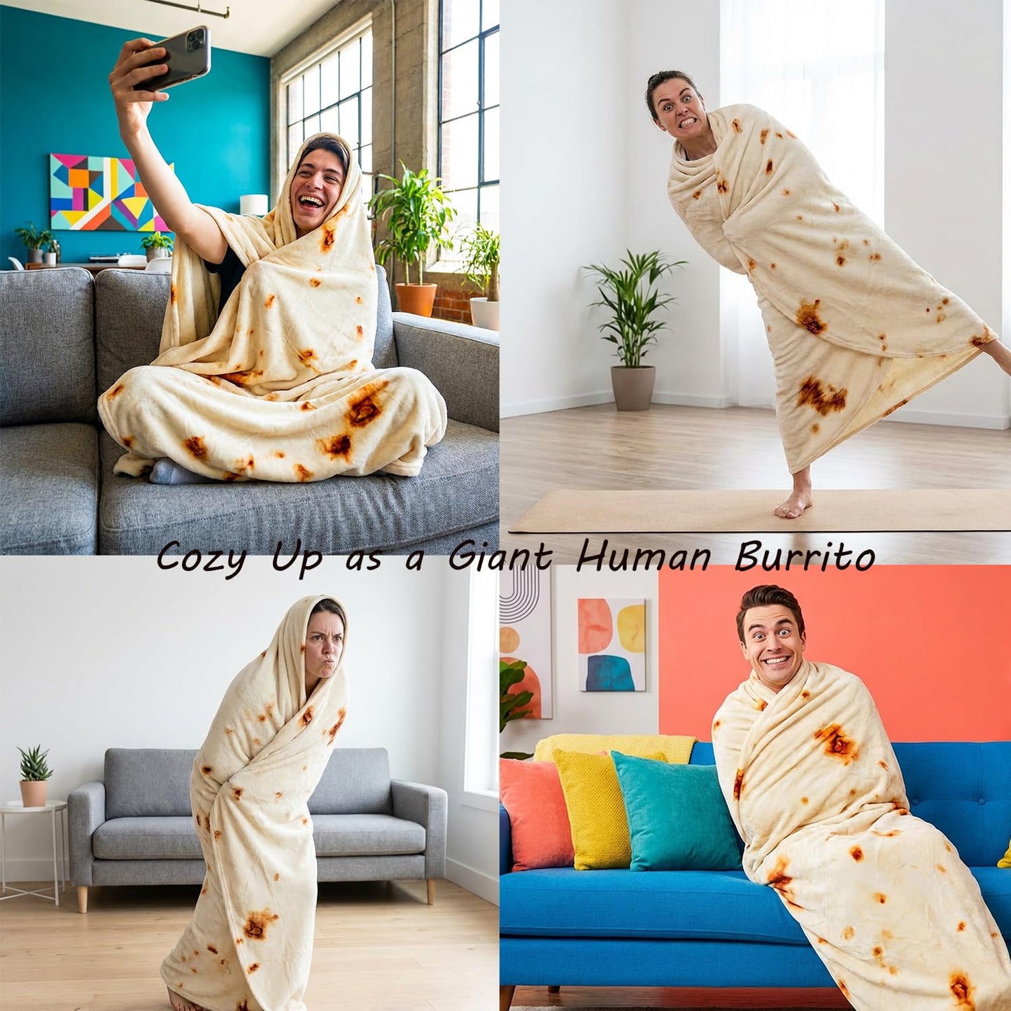 Burrito Tortilla Throw Blankets for Adults Teen Kids, Double Sided Tortilla Taco Wrap Blankets, Novelty Realistic Flannel Food Round Blankets, Unique Funny Gift for Girl Women