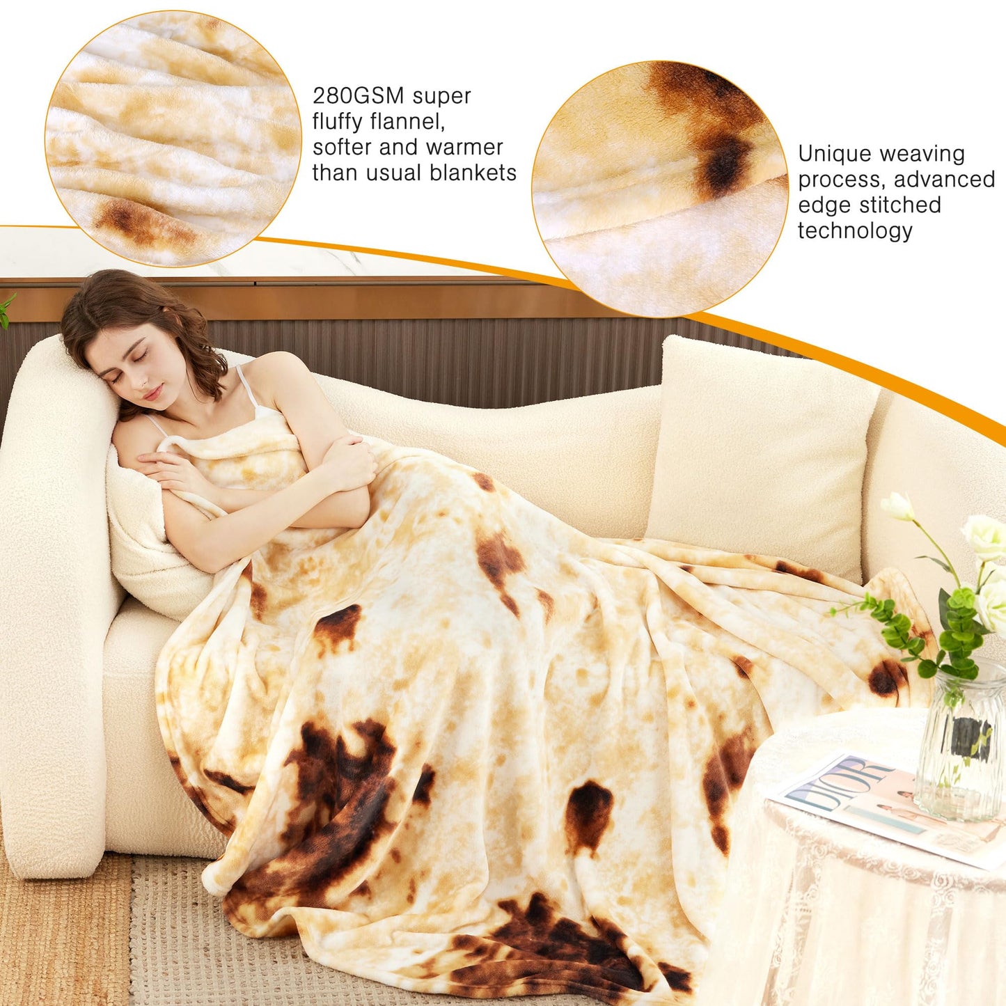 Burrito Tortilla Throw Blankets for Adults Teen Kids, Double Sided Tortilla Taco Wrap Blankets, Novelty Realistic Flannel Food Round Blankets, Unique Funny Gift for Girl Women