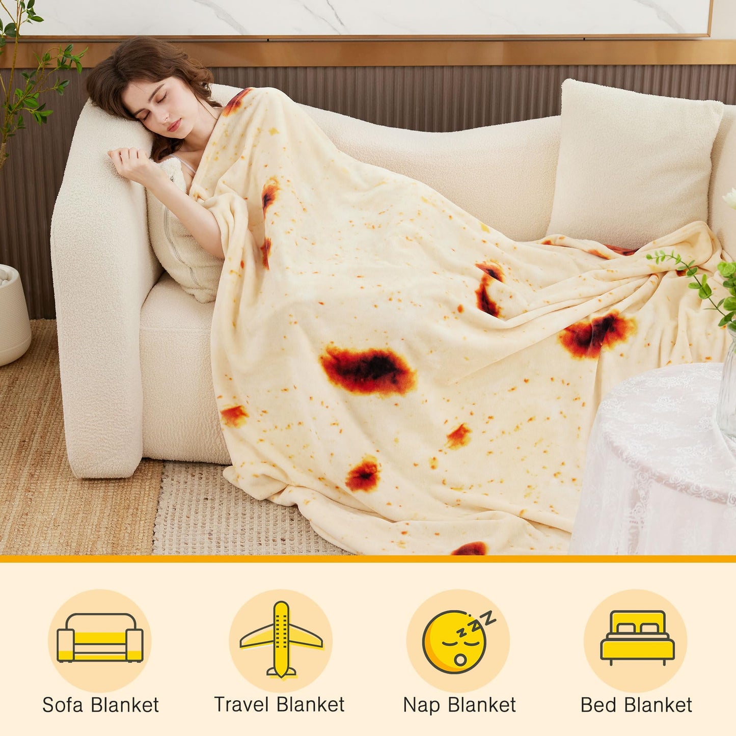 Burrito Tortilla Throw Blankets for Adults Teen Kids, Double Sided Tortilla Taco Wrap Blankets, Novelty Realistic Flannel Food Round Blankets, Unique Funny Gift for Girl Women