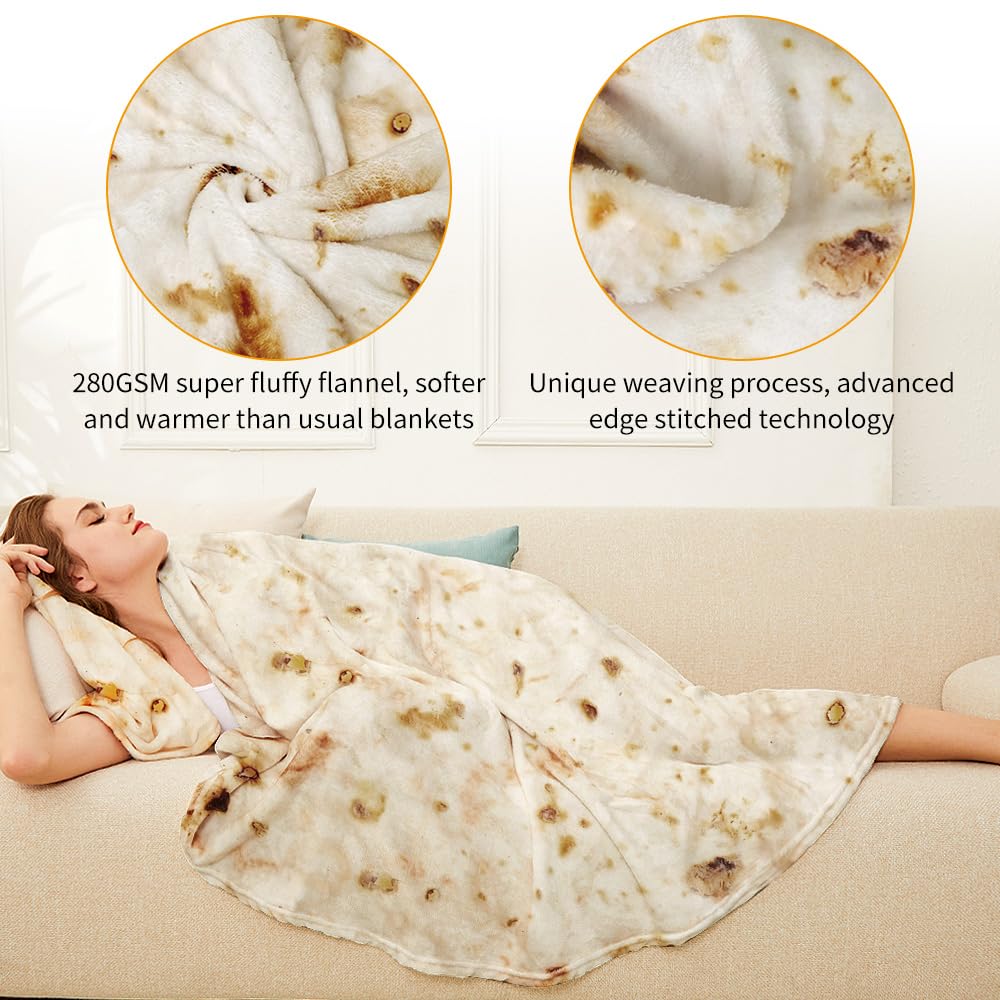 Burrito Tortilla Throw Blankets for Adults Teen Kids, Double Sided Tortilla Taco Wrap Blankets, Novelty Realistic Flannel Food Round Blankets, Unique Funny Gift for Girl Women
