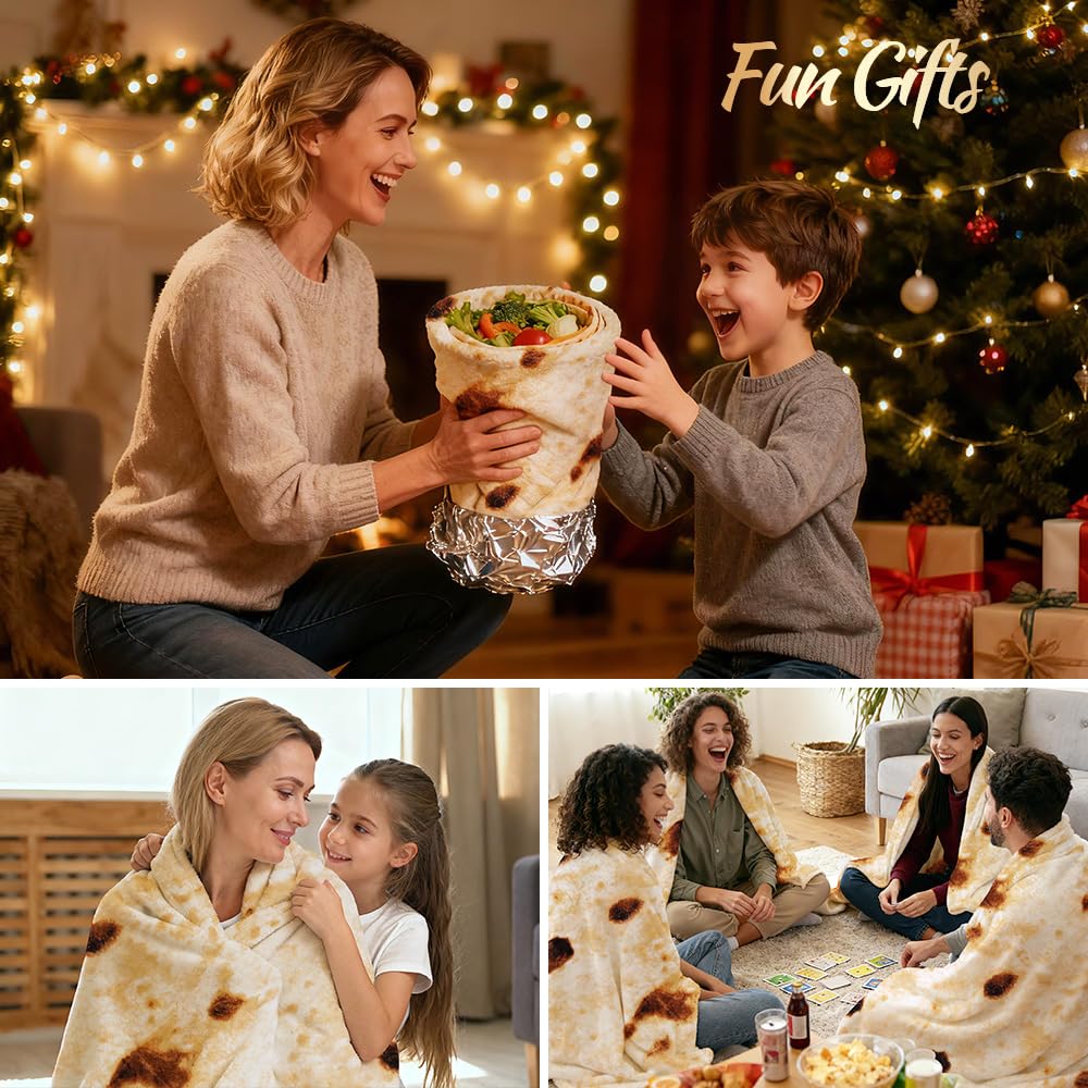 Burrito Tortilla Throw Blankets for Adults Teen Kids, Double Sided Tortilla Taco Wrap Blankets, Novelty Realistic Flannel Food Round Blankets, Unique Funny Gift for Girl Women