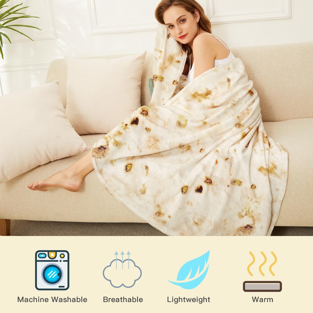 Burrito Tortilla Throw Blankets for Adults Teen Kids, Double Sided Tortilla Taco Wrap Blankets, Novelty Realistic Flannel Food Round Blankets, Unique Funny Gift for Girl Women