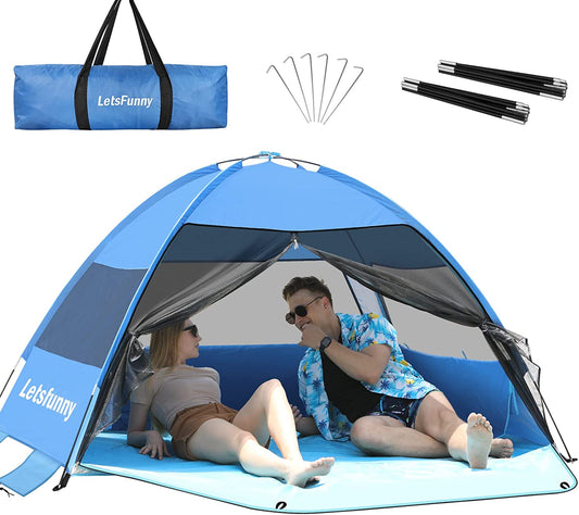 Large Easy Setup Beach Tent,Anti-UV Beach Shade Shelter Beach Canopy Tent Sun Shade with Extended Floor & 3 Mesh Roll Up Windows Fits 3-4 Person,Portable Shade Tent for Outdoor Camping Fishing