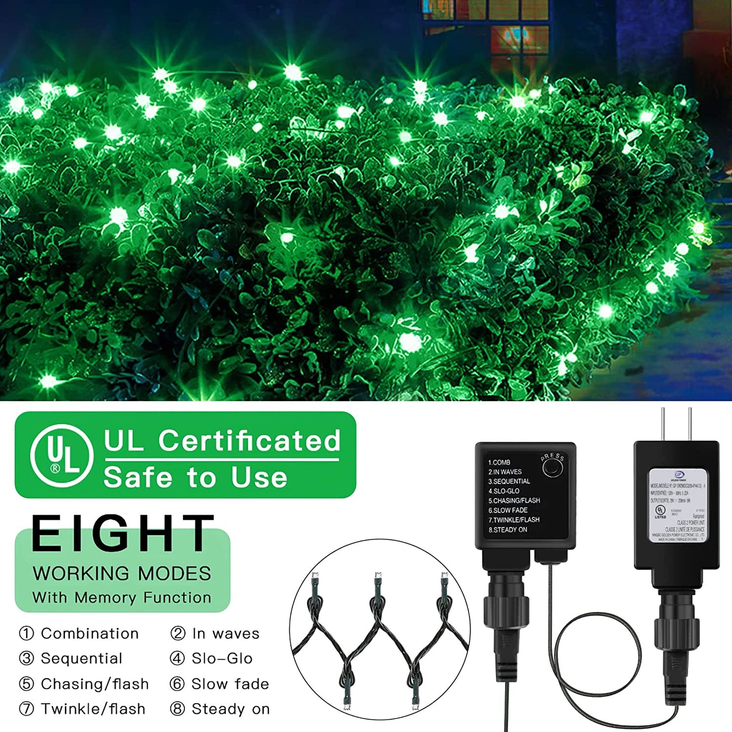 LetsFunny Green St. Patrick's Day 108ft 300 LED Christmas String Lights, Christmas Lights - UL Certified Outdoor & Indoor Fairy Lights Christmas Tree, Patio, Garden, Wedding, Holiday Decoration