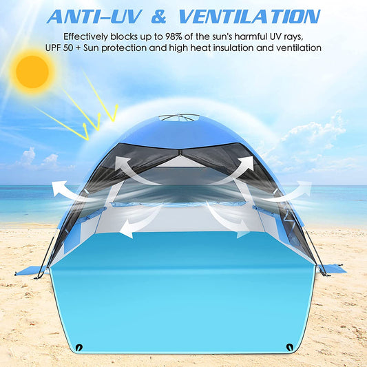 Large Easy Setup Beach Tent,Anti-UV Beach Shade Shelter Beach Canopy Tent Sun Shade with Extended Floor & 3 Mesh Roll Up Windows Fits 3-4 Person,Portable Shade Tent for Outdoor Camping Fishing