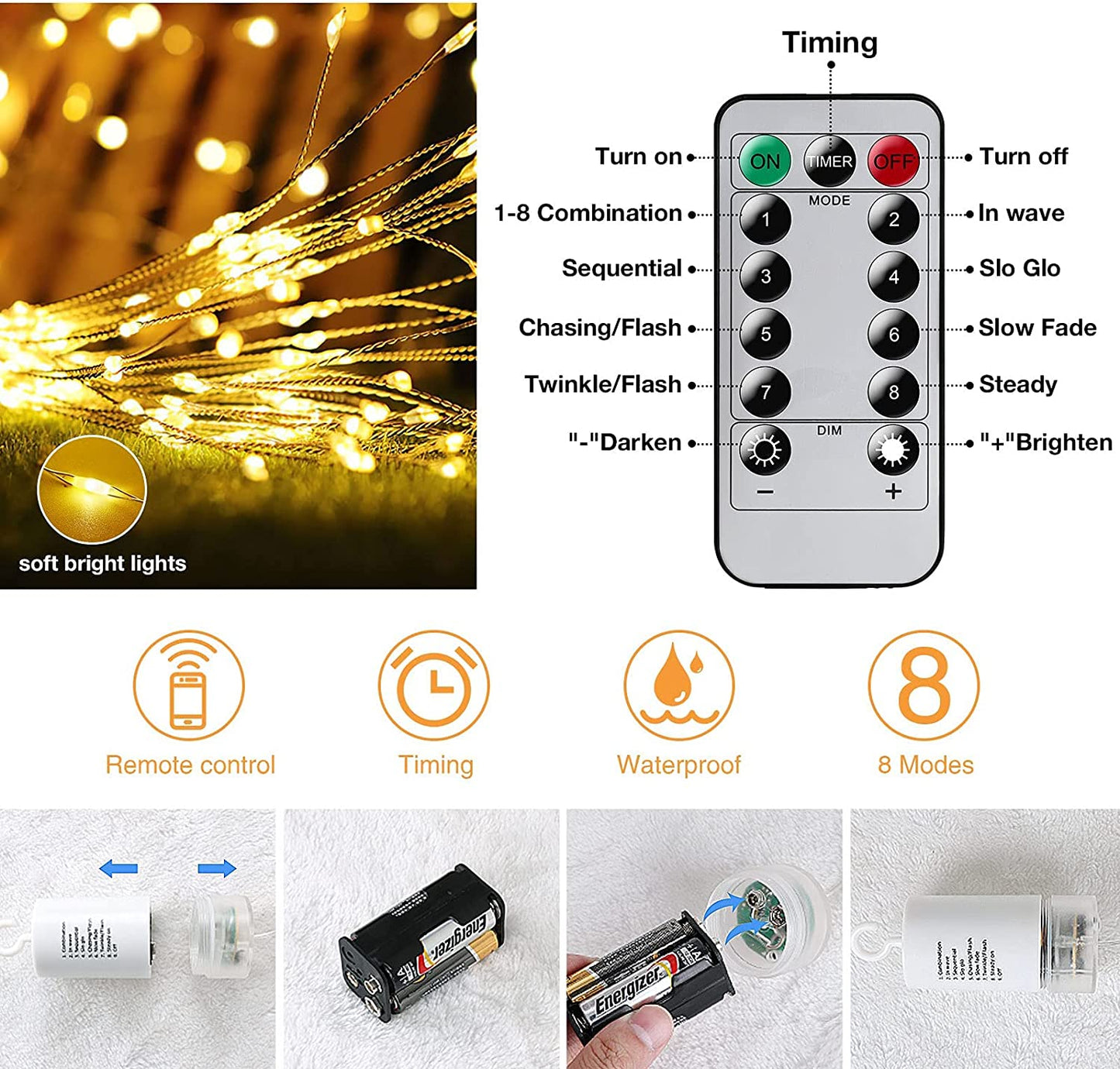 Fairy Lights Battery Operated Wire Lights,225 LED DIY 8 Modes Dimmable Lights with Remote Control, Waterproof Decorative Hanging Starburst Lights for Christmas, Home, Patio, Indoor Outdoor Decoration
