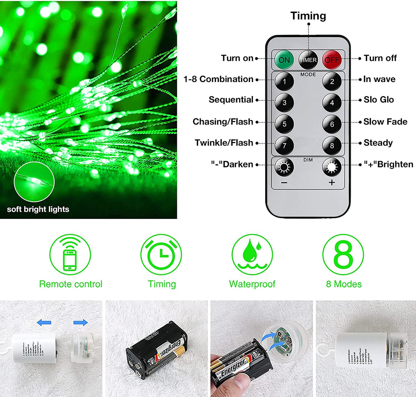 Fairy Lights Battery Operated Wire Lights,225 LED DIY 8 Modes Dimmable Lights with Remote Control, Waterproof Decorative Hanging Starburst Lights for Christmas, Home, Patio, Indoor Outdoor Decoration
