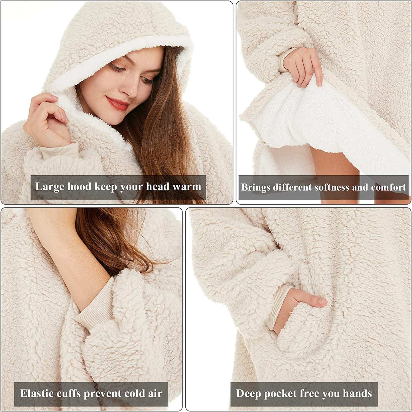 LetsFunny Oversized Blanket Sweatshirt, Plush Fleecehug Hoodie Wearable Blanket with Pocket, Super Warm Cozy Sweatshirt Hooded Blanket for Adult Women Men Teens, One Size Fits All
