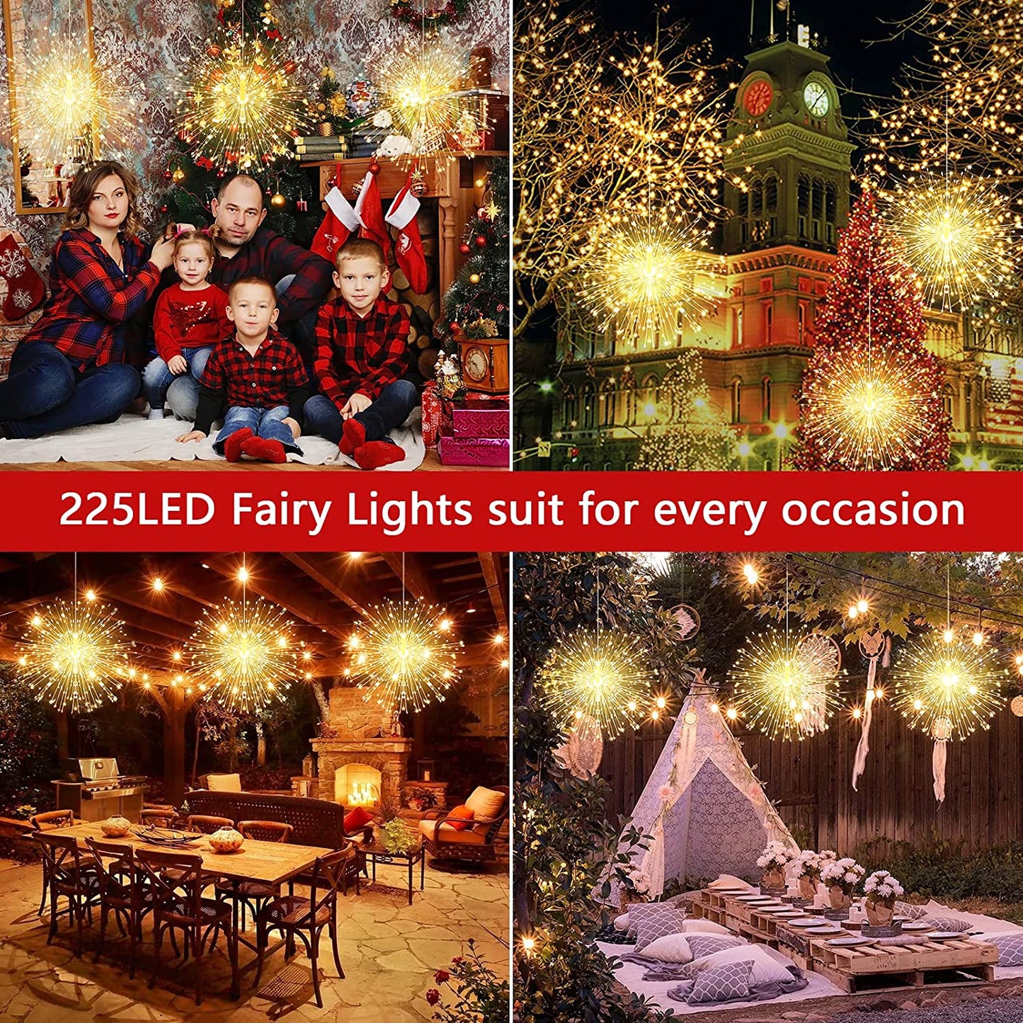 Fairy Lights Battery Operated Wire Lights,225 LED DIY 8 Modes Dimmable Lights with Remote Control, Waterproof Decorative Hanging Starburst Lights for Christmas, Home, Patio, Indoor Outdoor Decoration