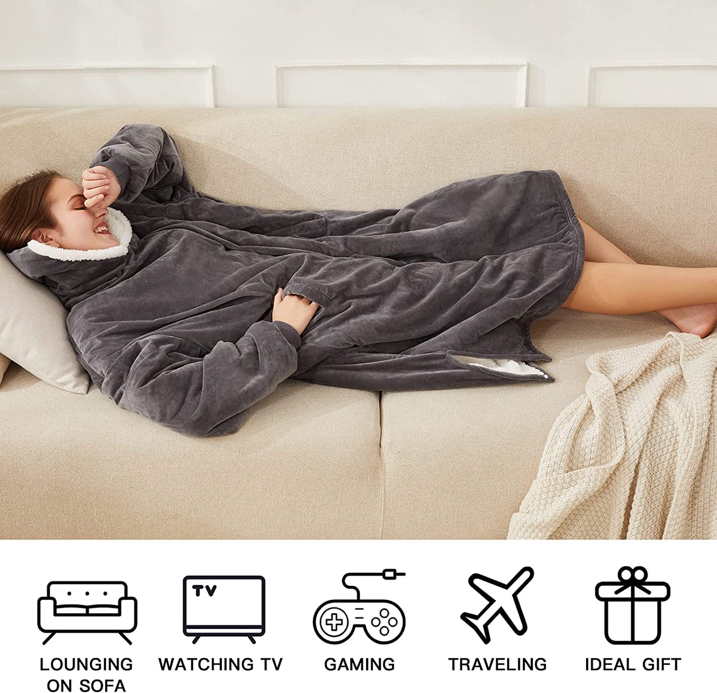 LetsFunny Oversized Blanket Sweatshirt, Plush Fleecehug Hoodie Wearable Blanket with Pocket, Super Warm Cozy Sweatshirt Hooded Blanket for Adult Women Men Teens, One Size Fits All