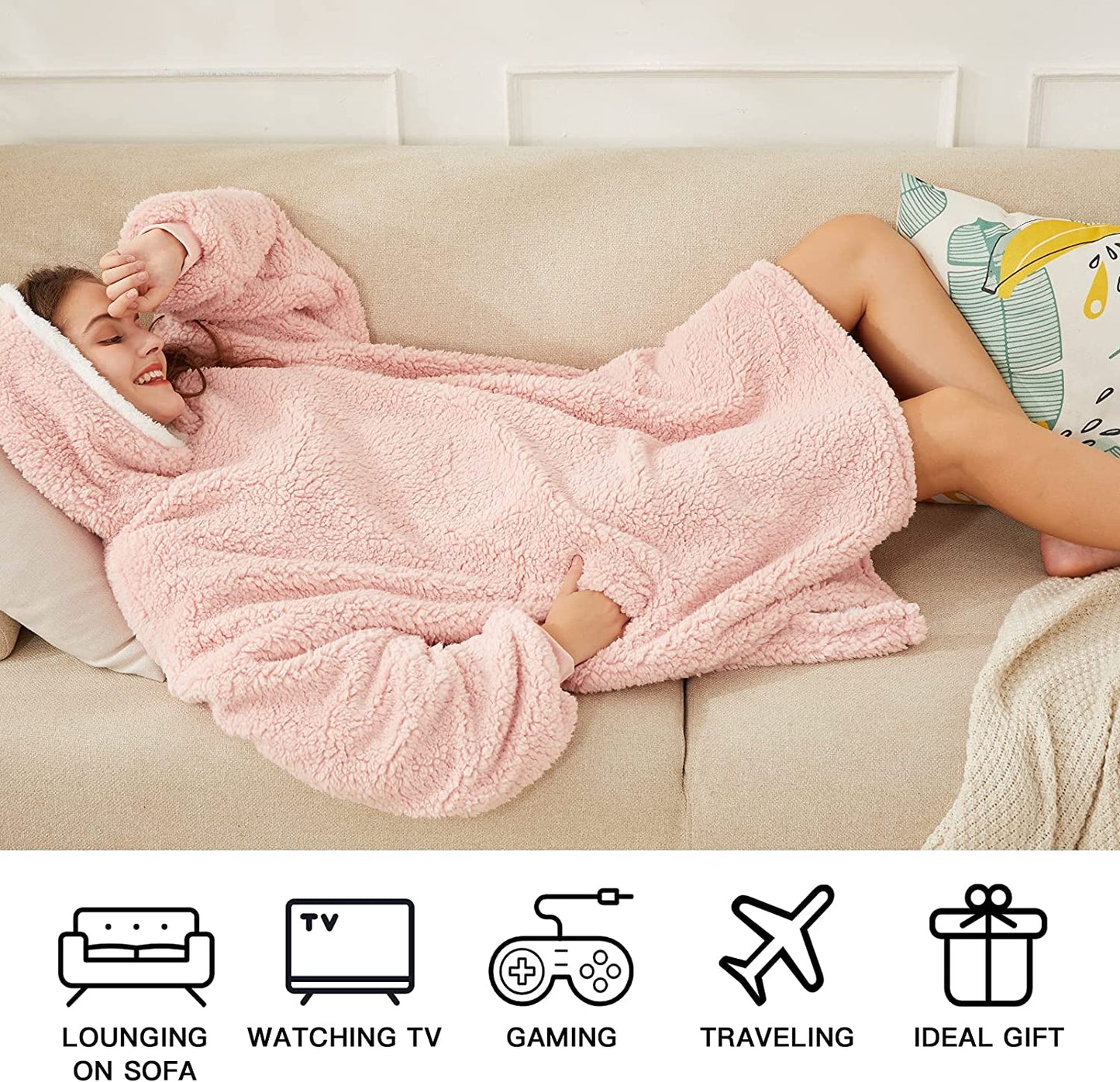 LetsFunny Oversized Blanket Sweatshirt, Plush Fleecehug Hoodie Wearable Blanket with Pocket, Super Warm Cozy Sweatshirt Hooded Blanket for Adult Women Men Teens, One Size Fits All