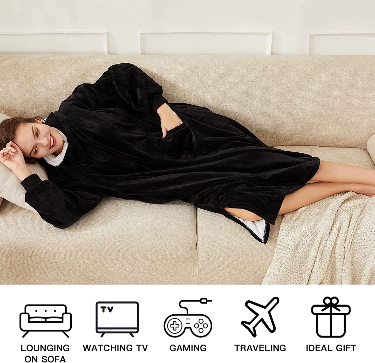 LetsFunny Oversized Blanket Sweatshirt, Plush Fleecehug Hoodie Wearable Blanket with Pocket, Super Warm Cozy Sweatshirt Hooded Blanket for Adult Women Men Teens, One Size Fits All