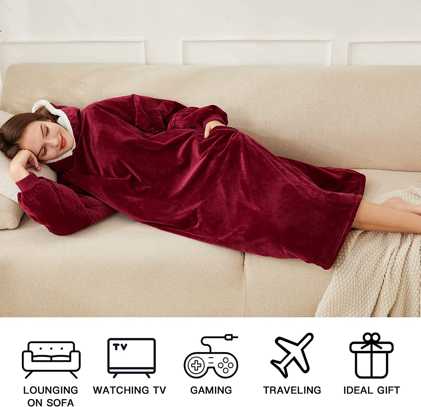 LetsFunny Oversized Blanket Sweatshirt, Plush Fleecehug Hoodie Wearable Blanket with Pocket, Super Warm Cozy Sweatshirt Hooded Blanket for Adult Women Men Teens, One Size Fits All
