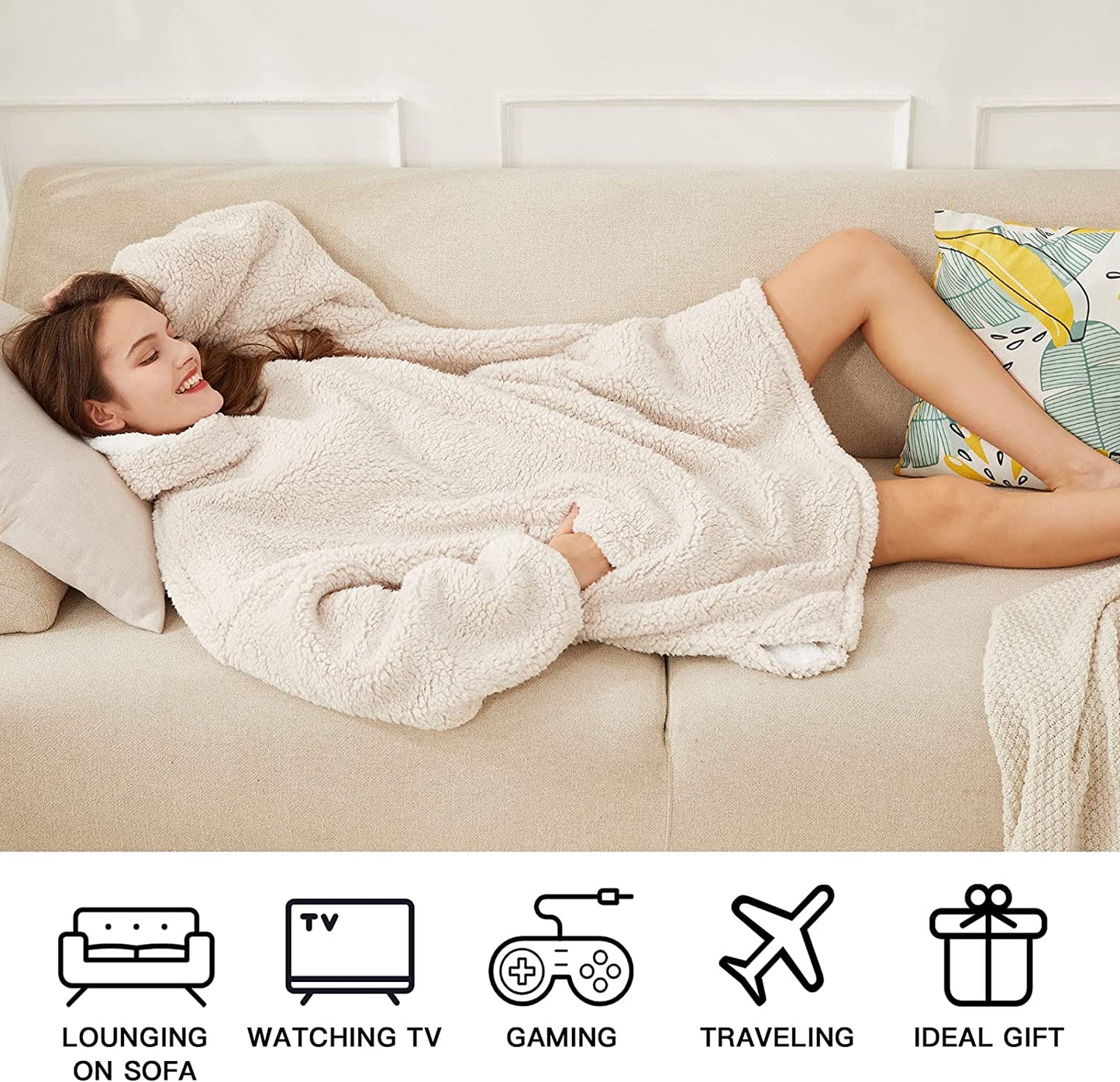 LetsFunny Oversized Blanket Sweatshirt, Plush Fleecehug Hoodie Wearable Blanket with Pocket, Super Warm Cozy Sweatshirt Hooded Blanket for Adult Women Men Teens, One Size Fits All